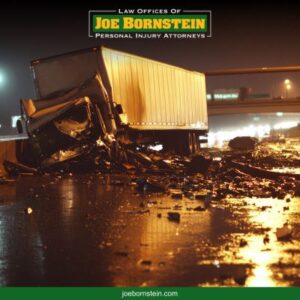 Damaged truck on the Augusta highway at night after a truck accident