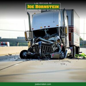 After a truck accident in Bangor, a heavily damaged semi sits in the road