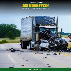 A smashed-up truck surrounded by debris in the road following a Biddeford truck accident