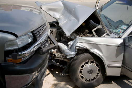 car accident in Portland, Maine between a pickup truck and sedan.