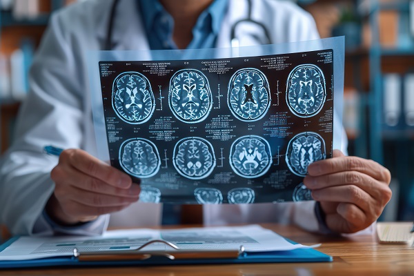 Doctor looks at brain scans for a brain injury.