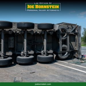 The undercarriage of an overturned truck following a truck accident in Lewiston, ME