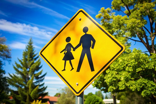 A bright yellow pedestrian crossing sign stands against a clear blue sky, surrounded by green trees, signaling a designated area for pedestrians to cross safely.
