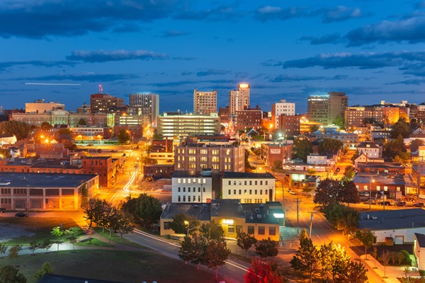 Portland, Maine, USA downtown city skyline at dusk.