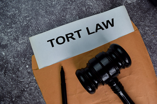 Tort Law text written on paperwork with a gavel isolated on an office desk.