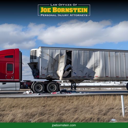After a truck accident, a truck sits on the highway in Maine with its side busted up, surrounded by debris